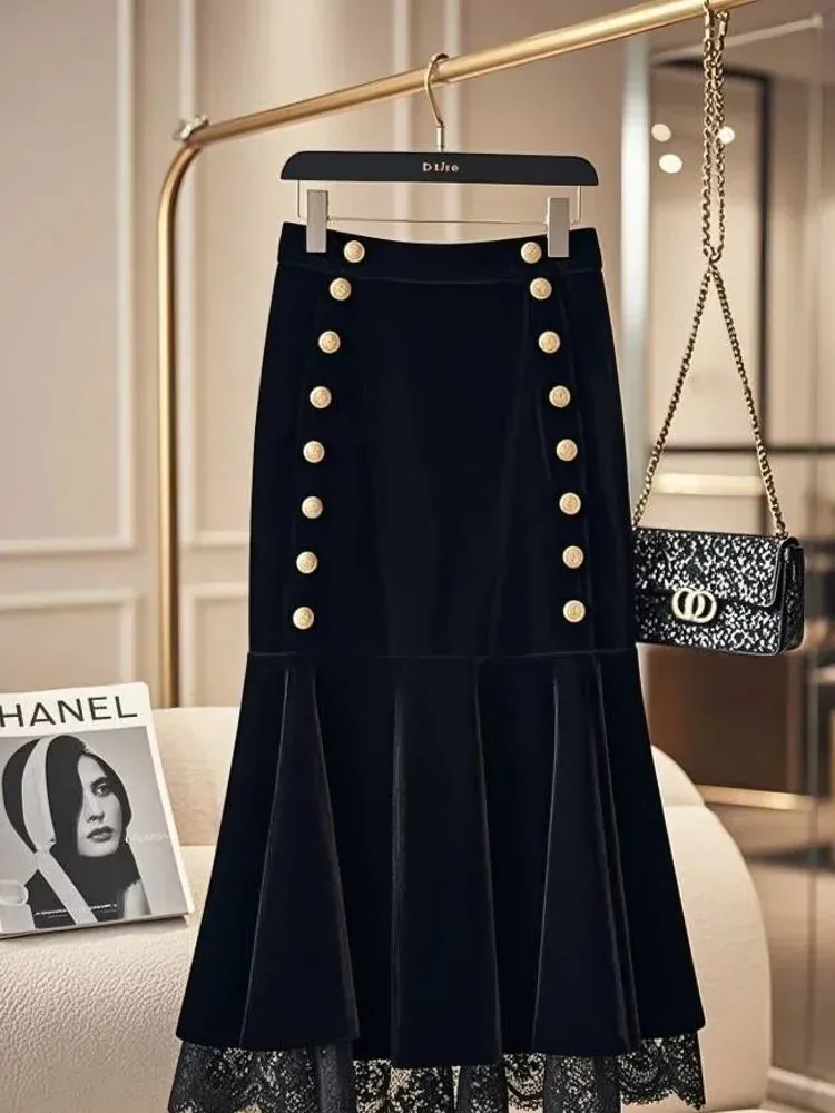 LVSANW Golden Buckle Solid Black Velvet Mermaid Skirt Women Elegant Slim High Waist Trumpet Skirts Pretty Lace Stitching Winter Autumn