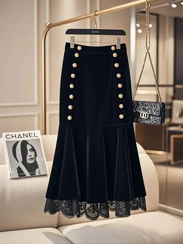LVSANW Golden Buckle Solid Black Velvet Mermaid Skirt Women Elegant Slim High Waist Trumpet Skirts Pretty Lace Stitching Winter Autumn
