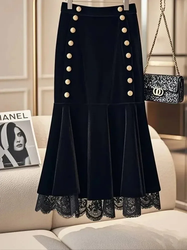LVSANW Golden Buckle Solid Black Velvet Mermaid Skirt Women Elegant Slim High Waist Trumpet Skirts Pretty Lace Stitching Winter Autumn