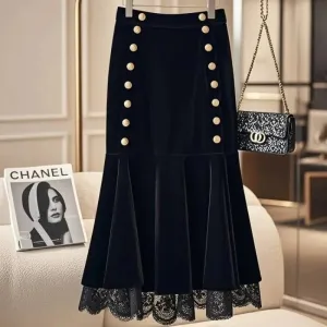 LVSANW Golden Buckle Solid Black Velvet Mermaid Skirt Women Elegant Slim High Waist Trumpet Skirts Pretty Lace Stitching Winter Autumn