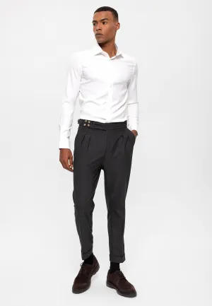 Men's Smoked High Waist (Boyfriend) Side Buckled Belt Detail Pleated Fabric Trousers - Wessi
