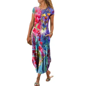 New Casual Round Neck Printed Maxi Dress with Pockets Vacation