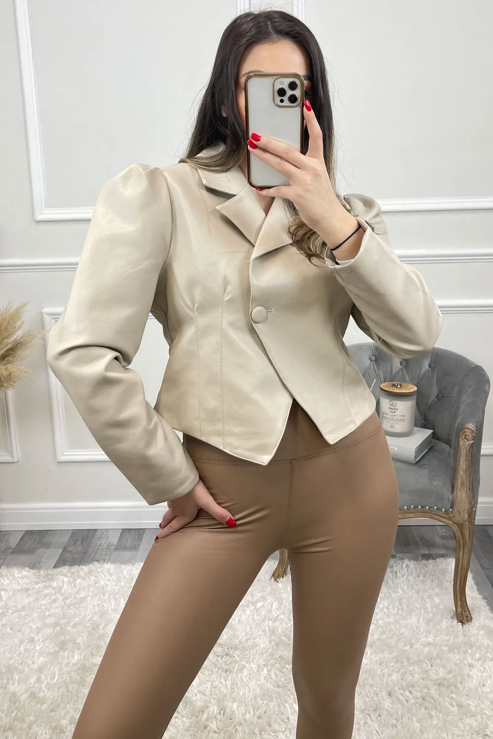Olecia Beige Faux Leather PU Puff Sleeve Double Breasted Cropped Blazer