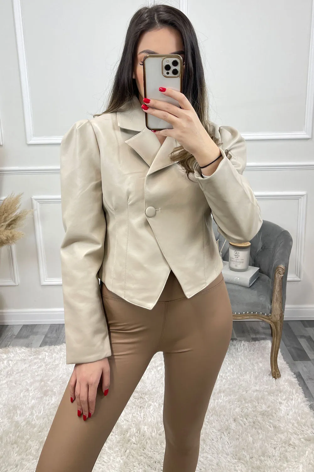 Olecia Beige Faux Leather PU Puff Sleeve Double Breasted Cropped Blazer