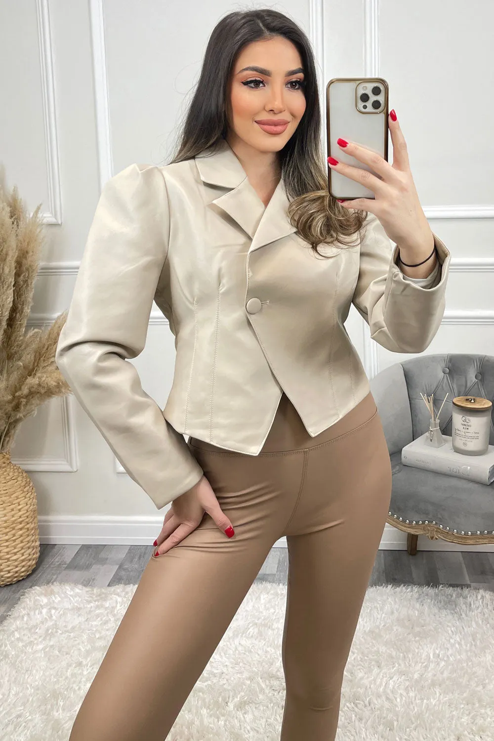 Olecia Beige Faux Leather PU Puff Sleeve Double Breasted Cropped Blazer