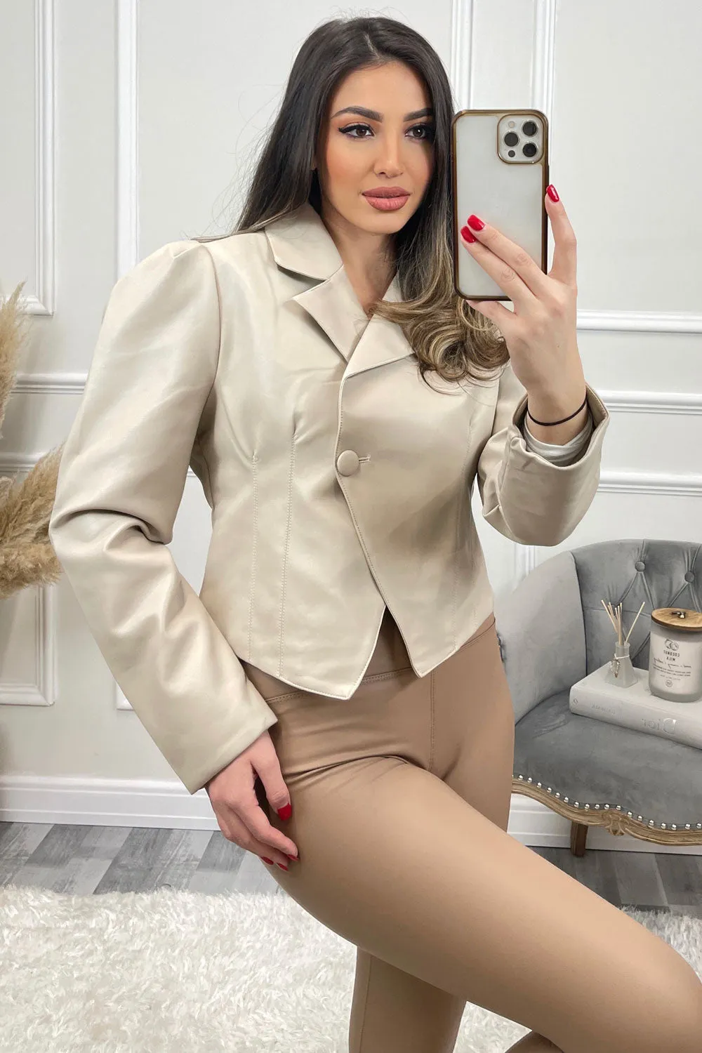Olecia Beige Faux Leather PU Puff Sleeve Double Breasted Cropped Blazer