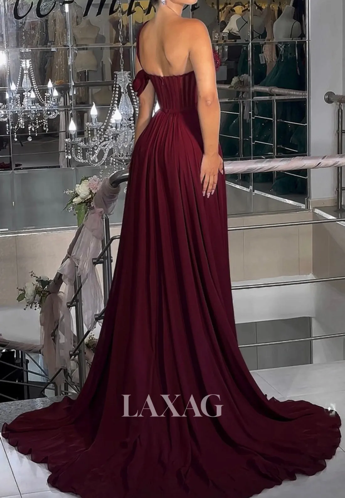 One-Strap Off-Shoulder Sleeveless Party Gowns Beaded Sweetheart Pleated A-Line Prom Dress with Slit