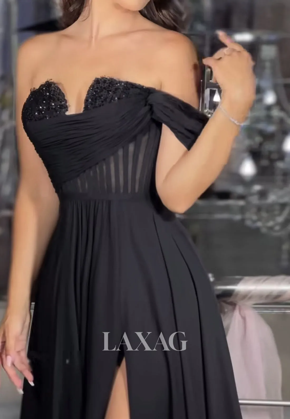 One-Strap Off-Shoulder Sleeveless Party Gowns Beaded Sweetheart Pleated A-Line Prom Dress with Slit