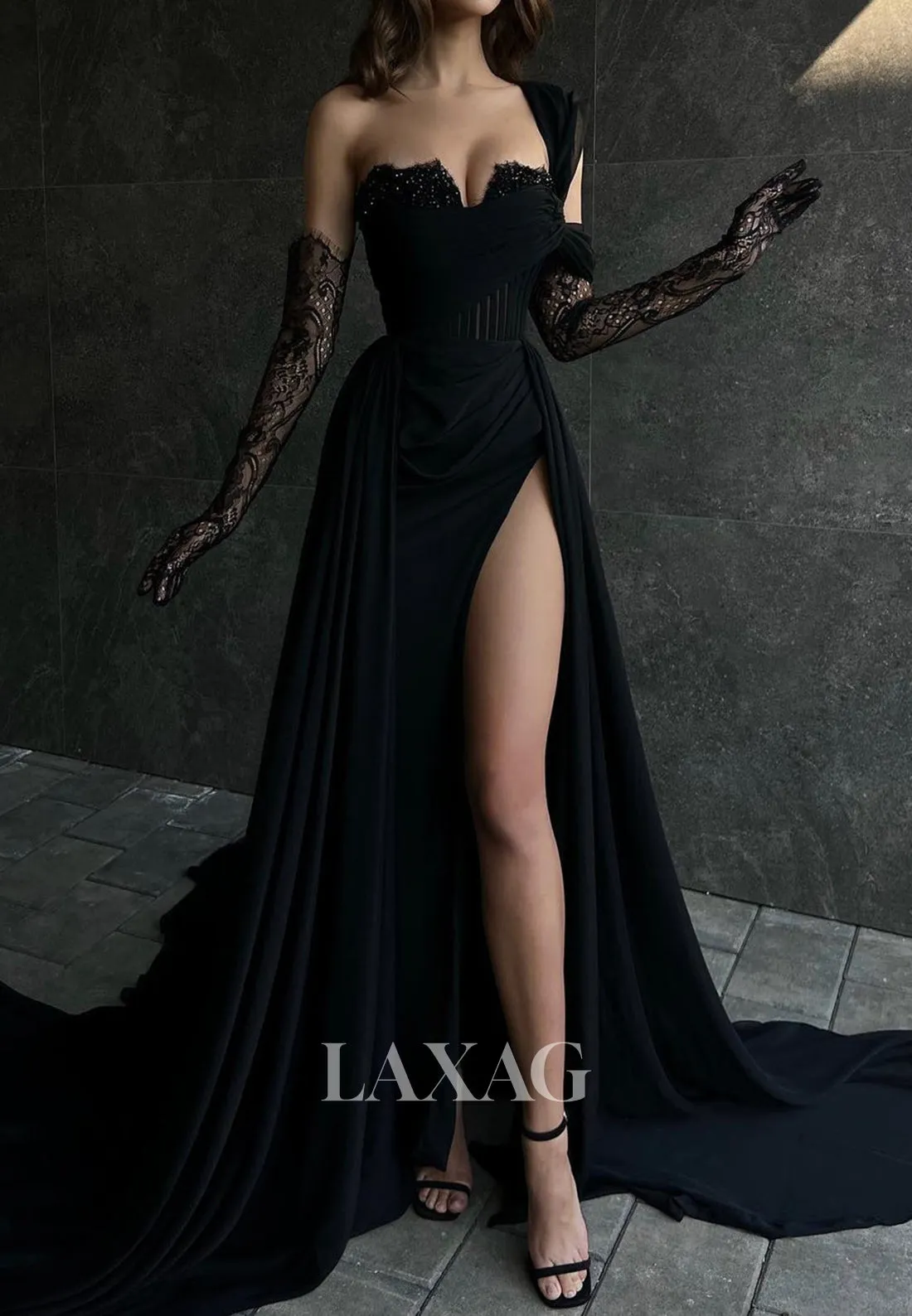 One-Strap Off-Shoulder Sleeveless Party Gowns Beaded Sweetheart Pleated A-Line Prom Dress with Slit