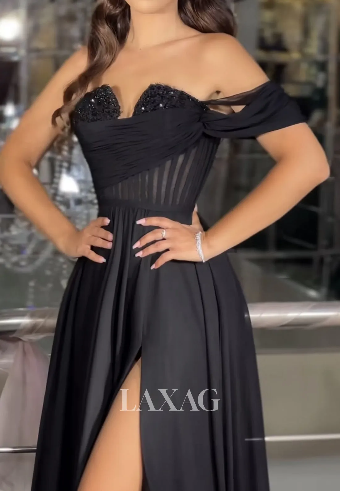 One-Strap Off-Shoulder Sleeveless Party Gowns Beaded Sweetheart Pleated A-Line Prom Dress with Slit