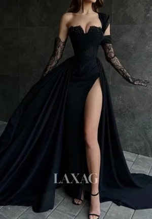 One-Strap Off-Shoulder Sleeveless Party Gowns Beaded Sweetheart Pleated A-Line Prom Dress with Slit