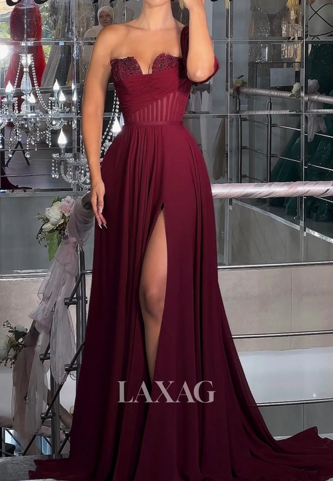 One-Strap Off-Shoulder Sleeveless Party Gowns Beaded Sweetheart Pleated A-Line Prom Dress with Slit