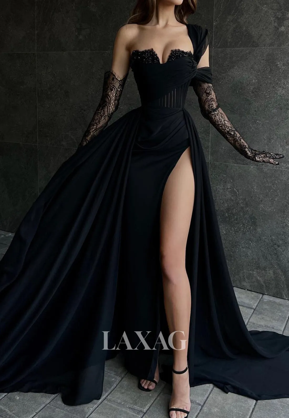 One-Strap Off-Shoulder Sleeveless Party Gowns Beaded Sweetheart Pleated A-Line Prom Dress with Slit