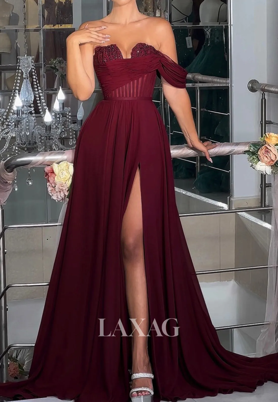 One-Strap Off-Shoulder Sleeveless Party Gowns Beaded Sweetheart Pleated A-Line Prom Dress with Slit