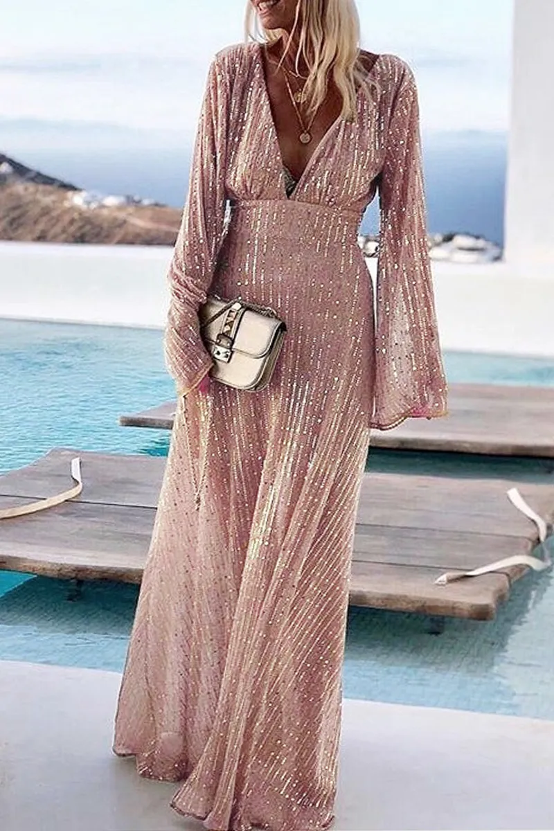 Party Solid Sequins V Neck Evening Maxi Dresses