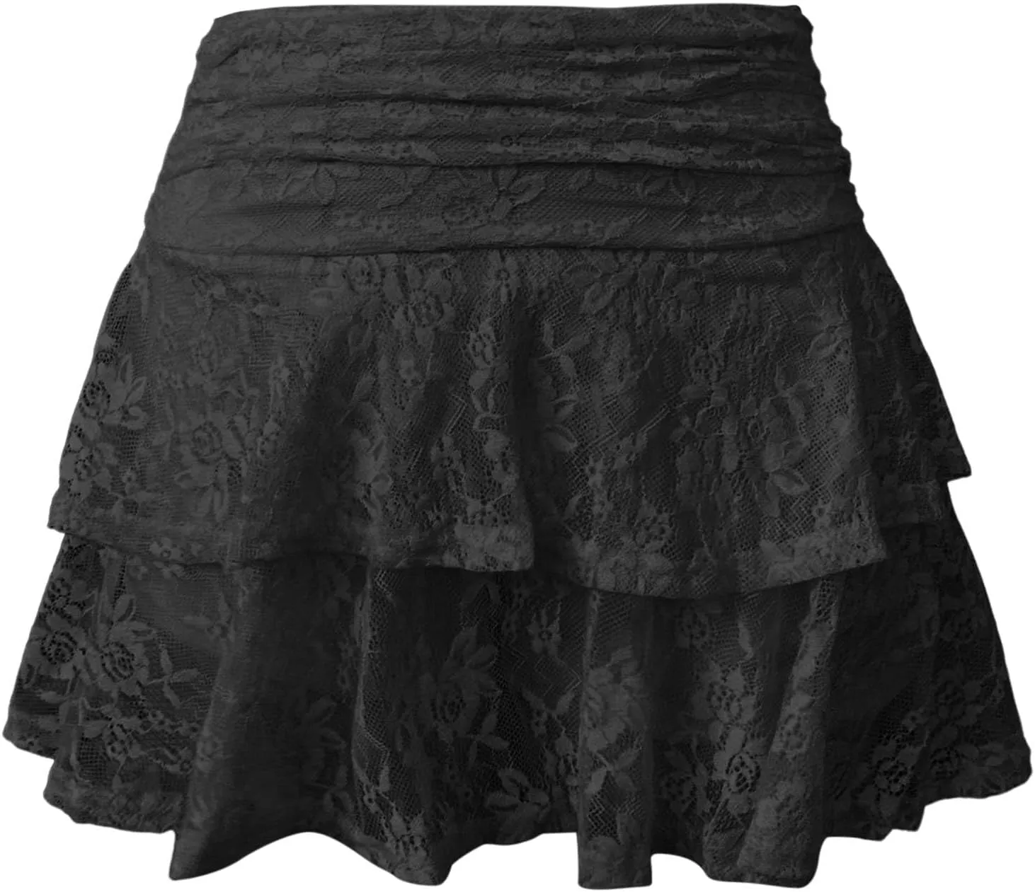 Pleated Mini Skirt for Women Summer Vacation Double Lace Ruffles Mid Elastic Waist Boha Beach Lace Sheer Mini Skirt
