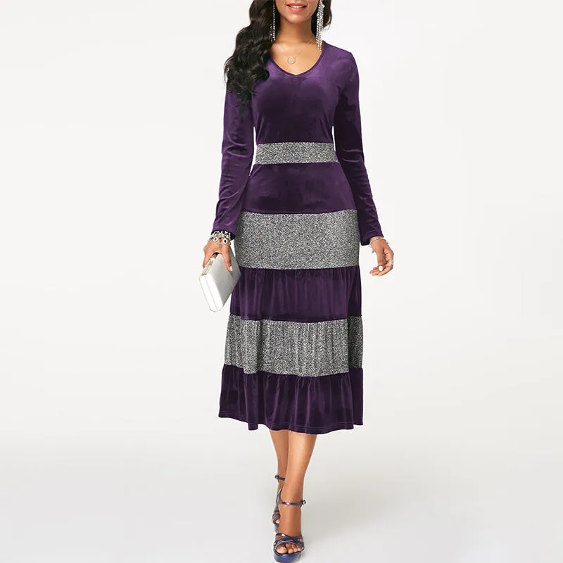 Plus Size Sequin Ruffle Velvet Midi Dress