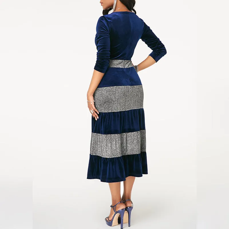 Plus Size Sequin Ruffle Velvet Midi Dress