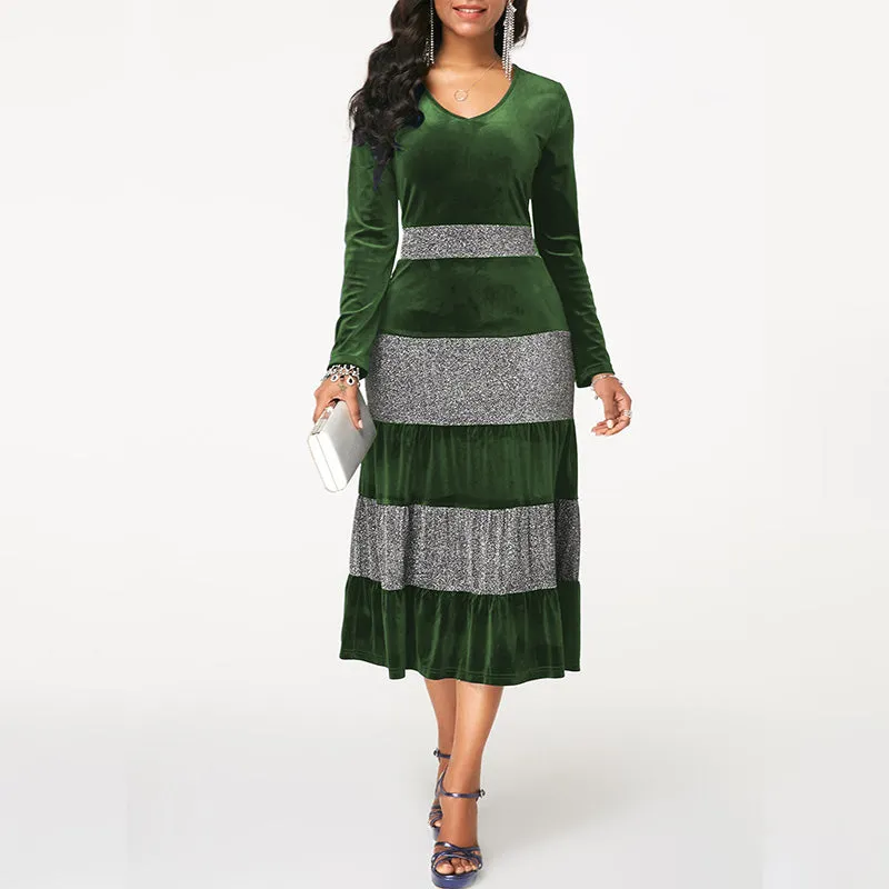 Plus Size Sequin Ruffle Velvet Midi Dress