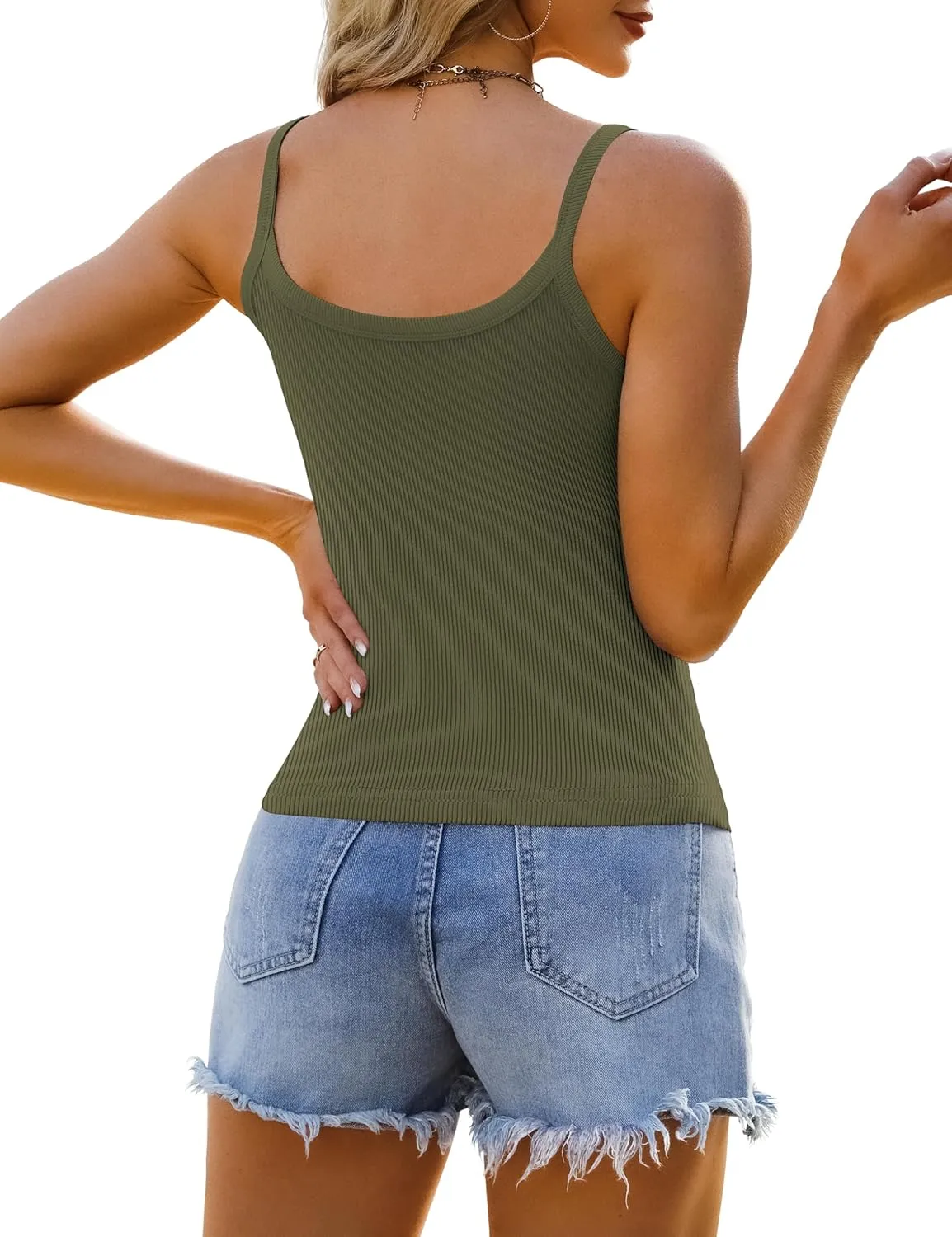 Ribbed Tank Tops for Women 2025 Spaghetti Strap Scoop Neck Slim Fitted Basic Sleeveless Casual Workout Cami Shirts