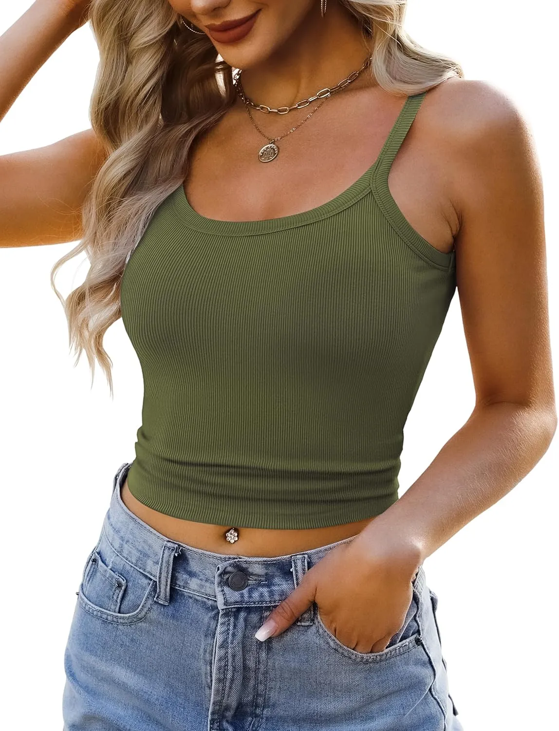 Ribbed Tank Tops for Women 2025 Spaghetti Strap Scoop Neck Slim Fitted Basic Sleeveless Casual Workout Cami Shirts