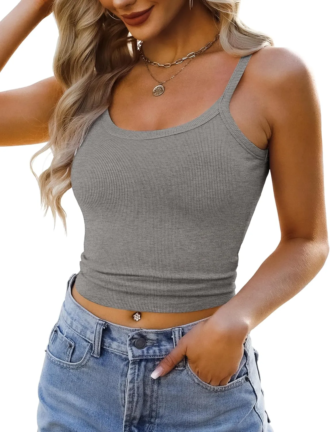 Ribbed Tank Tops for Women 2025 Spaghetti Strap Scoop Neck Slim Fitted Basic Sleeveless Casual Workout Cami Shirts