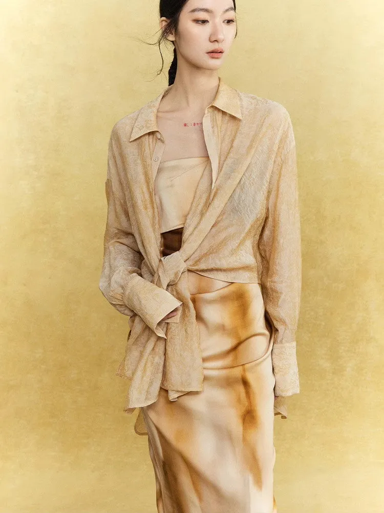 Sheer Casual Simple Tie Asymmetry Shirt