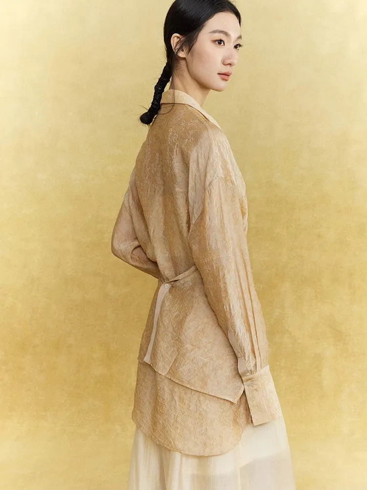 Sheer Casual Simple Tie Asymmetry Shirt