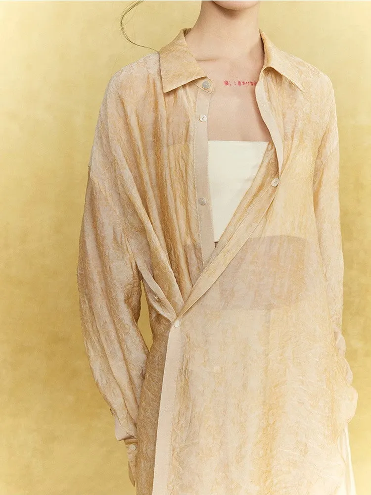 Sheer Casual Simple Tie Asymmetry Shirt