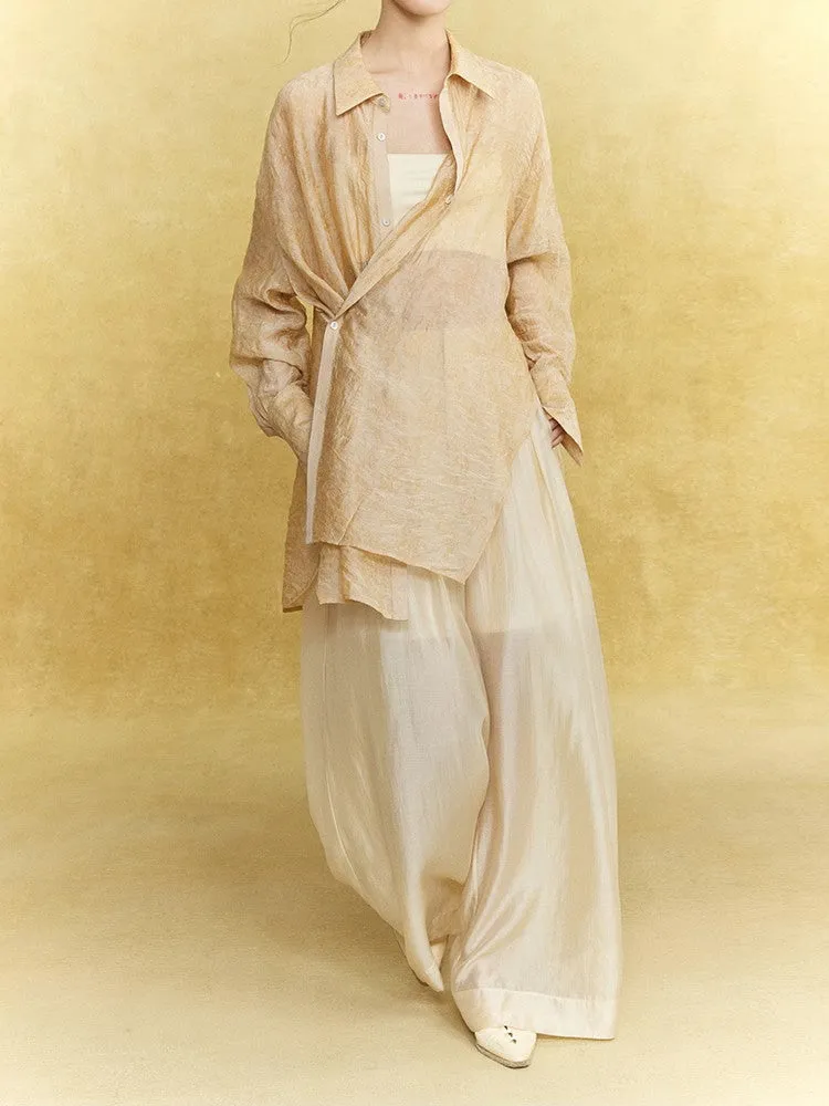 Sheer Casual Simple Tie Asymmetry Shirt