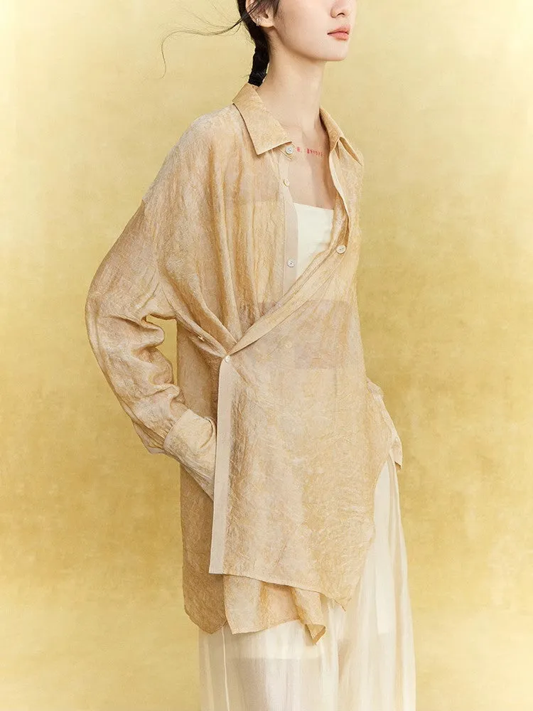 Sheer Casual Simple Tie Asymmetry Shirt