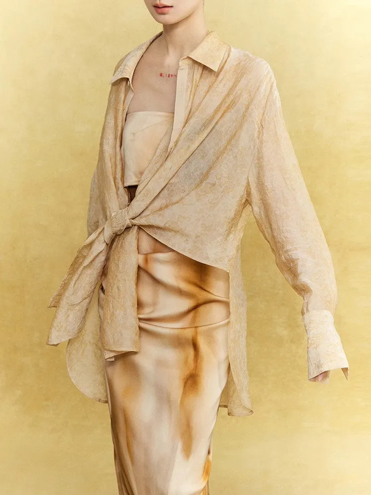 Sheer Casual Simple Tie Asymmetry Shirt
