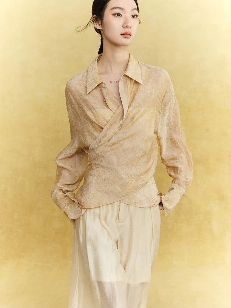 Sheer Casual Simple Tie Asymmetry Shirt