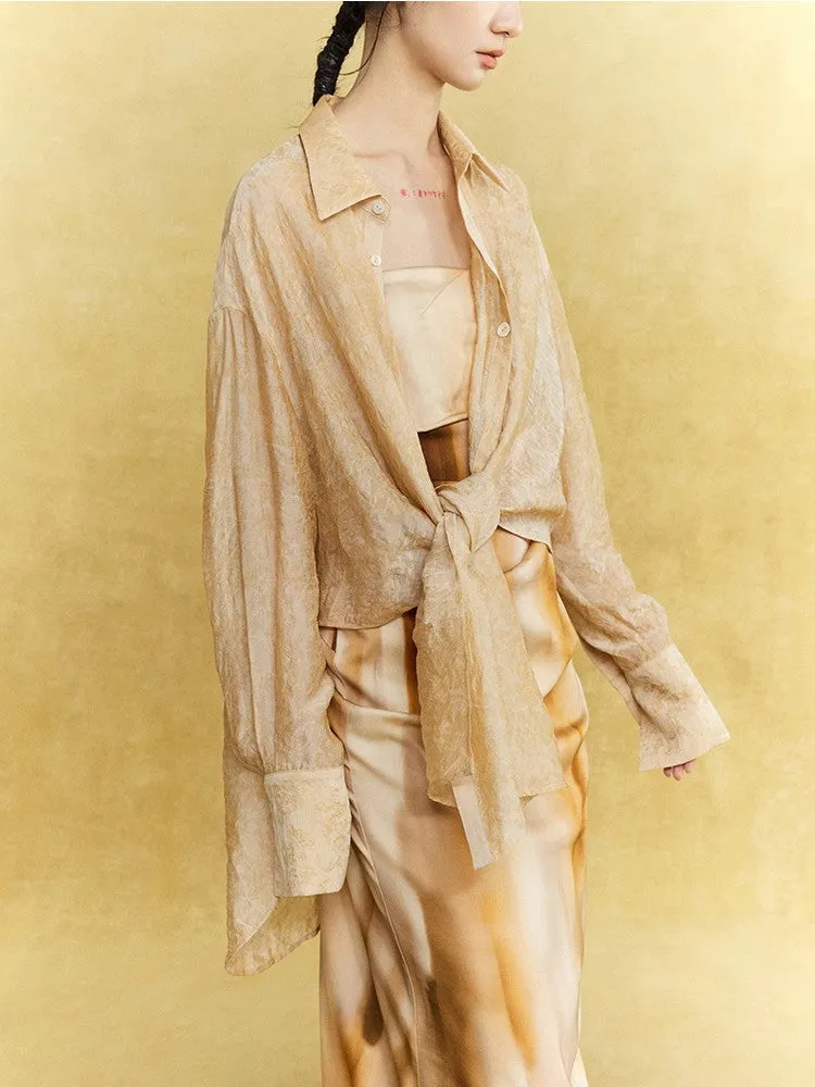 Sheer Casual Simple Tie Asymmetry Shirt