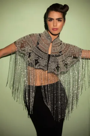 Silver Cape, Beaded Cape with Tassels- Ideal Cape for Sarees or Gown
