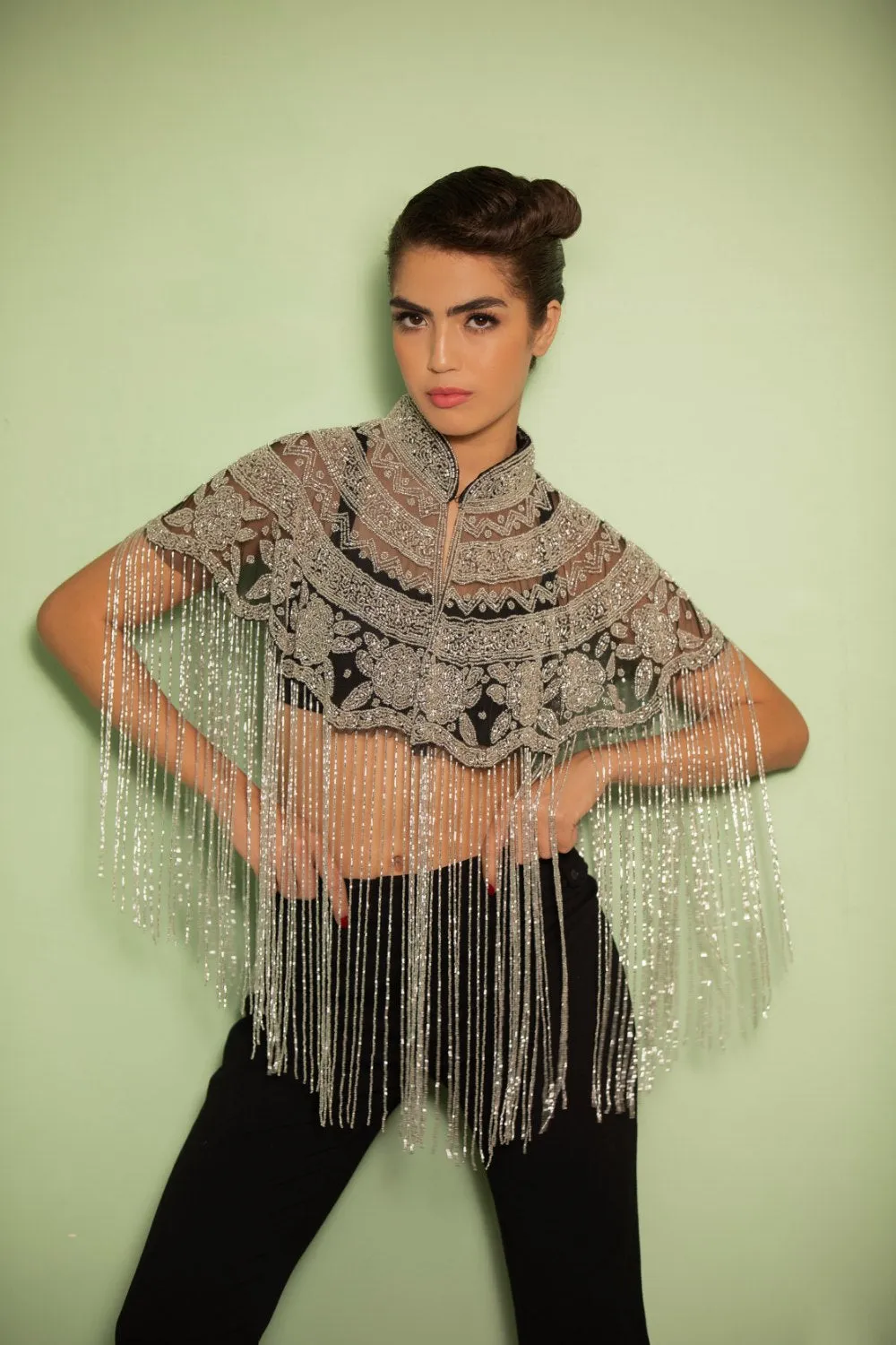 Silver Cape, Beaded Cape with Tassels- Ideal Cape for Sarees or Gown