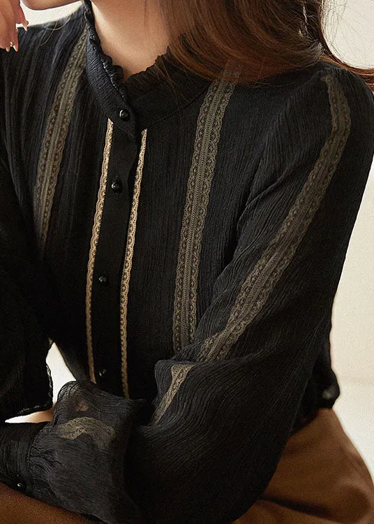 Simple Black Ruffled Hollow Out Patchwork Cotton Tops Spring LY1417