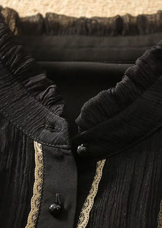 Simple Black Ruffled Hollow Out Patchwork Cotton Tops Spring LY1417