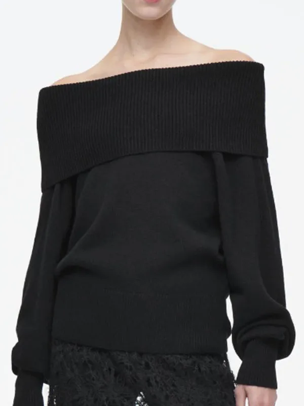 Solid Color Long Sleeves Loose Off-the-shoulder Sweater Tops