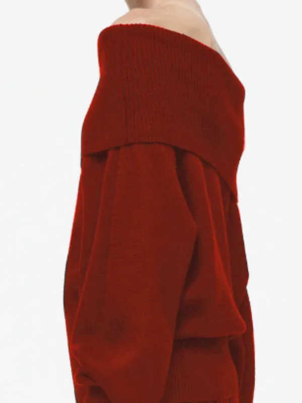 Solid Color Long Sleeves Loose Off-the-shoulder Sweater Tops