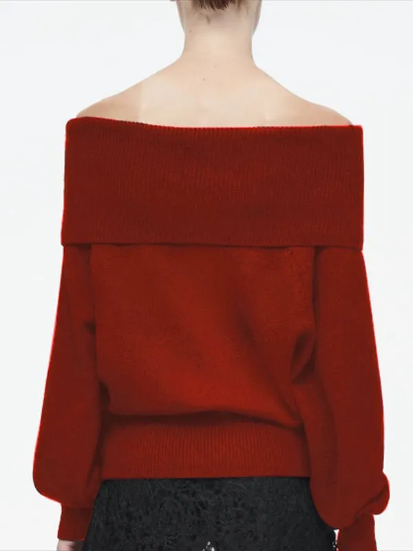 Solid Color Long Sleeves Loose Off-the-shoulder Sweater Tops