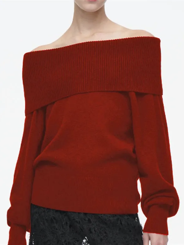 Solid Color Long Sleeves Loose Off-the-shoulder Sweater Tops