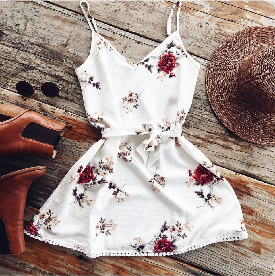 Spaghetti Straps V-neck Floral Print Short Dress