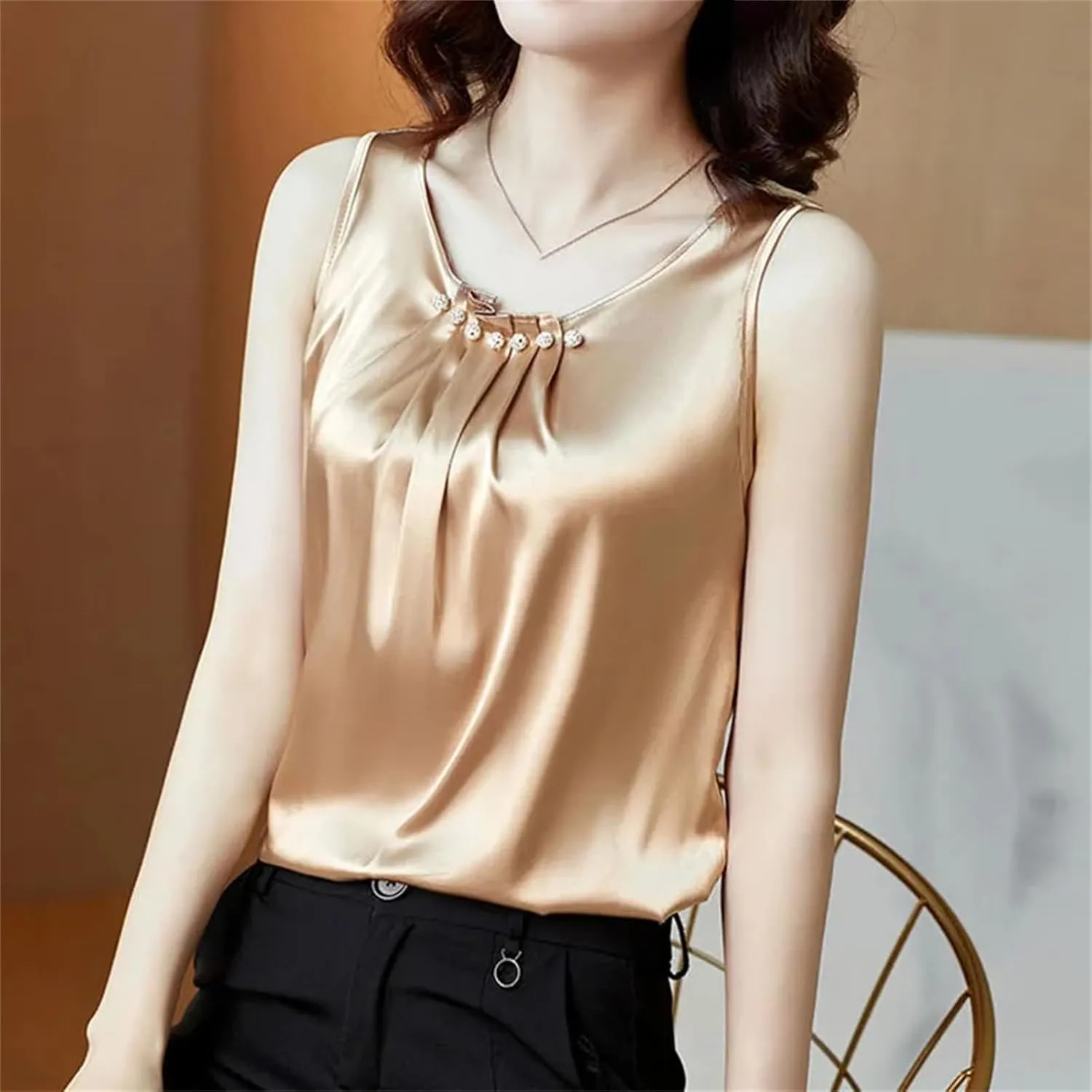 Strap for Women Top O Neck Basic Sleeveless Satin Silk Tank Tops Camisole