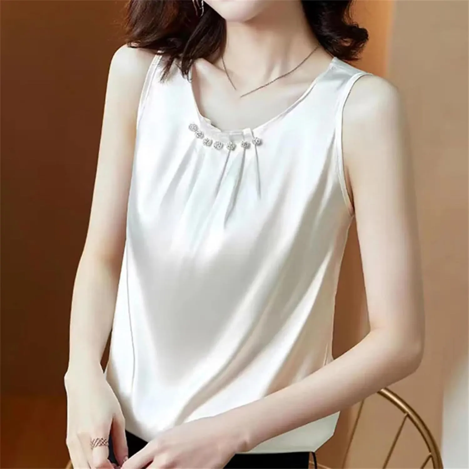 Strap for Women Top O Neck Basic Sleeveless Satin Silk Tank Tops Camisole