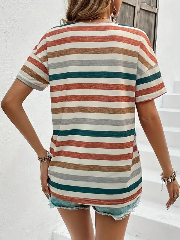 Striped Loose Short Sleeves Round-Neck T-Shirts Tops