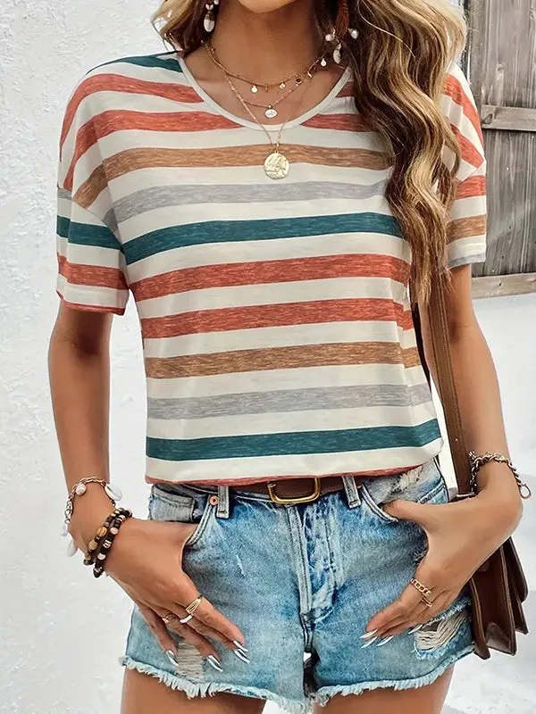 Striped Loose Short Sleeves Round-Neck T-Shirts Tops