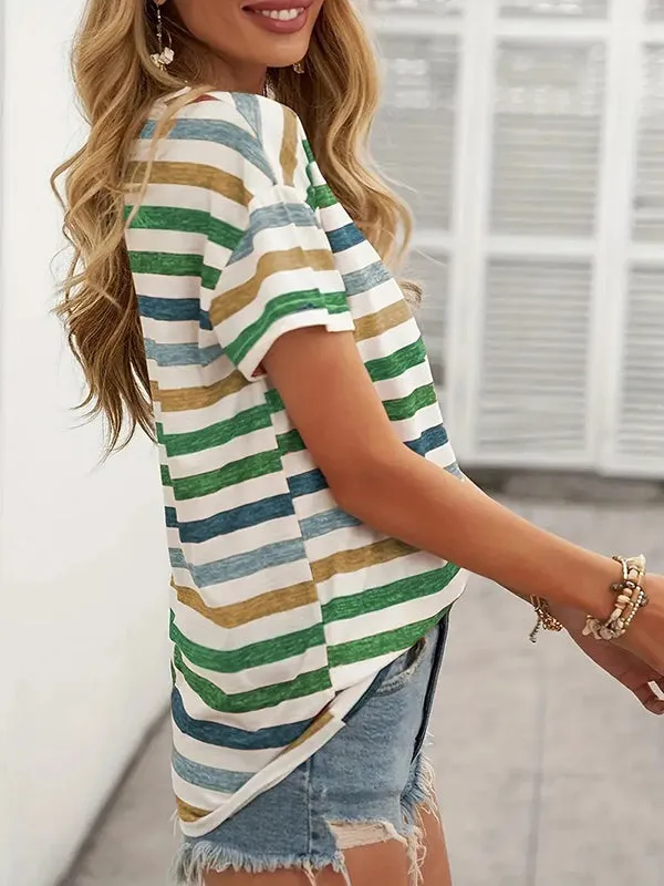 Striped Loose Short Sleeves Round-Neck T-Shirts Tops