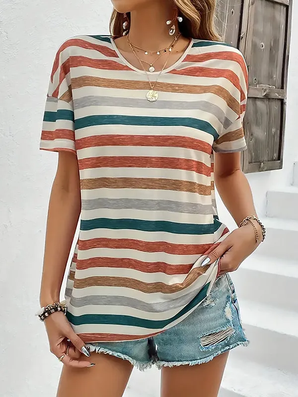 Striped Loose Short Sleeves Round-Neck T-Shirts Tops