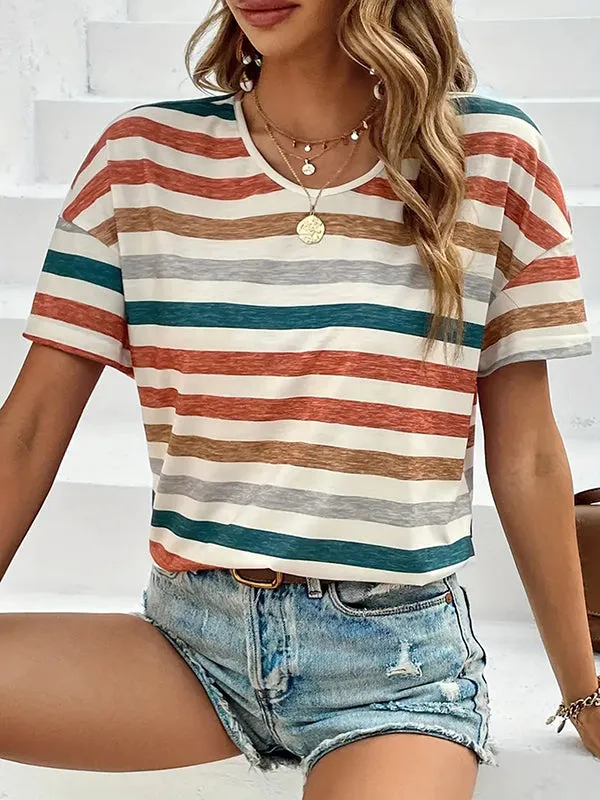 Striped Loose Short Sleeves Round-Neck T-Shirts Tops